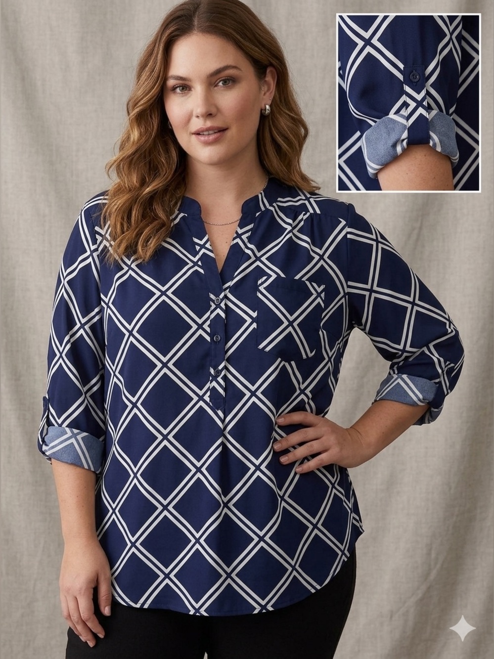 Fun 2 Fun Navy and White Sheer Grid Button-Down Blouse